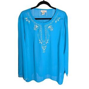Notations Woman Blue Long Sleeve with Embroidery Blouse  Women's 2XL